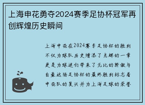 上海申花勇夺2024赛季足协杯冠军再创辉煌历史瞬间 上海申花勇夺2024赛季足协杯冠军再创辉煌历史瞬间
